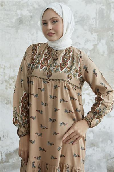 Yakası Bağlamalı Desenli Bej Viskon Elbise