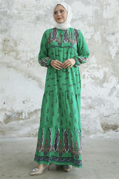 Yakası Bağlamalı Desenli Yeşil Viskon Elbise