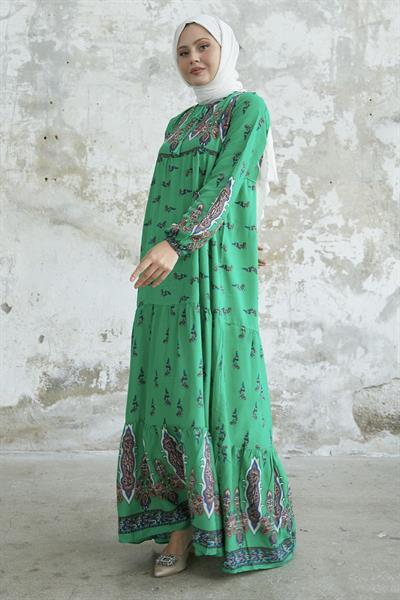 Yakası Bağlamalı Desenli Yeşil Viskon Elbise