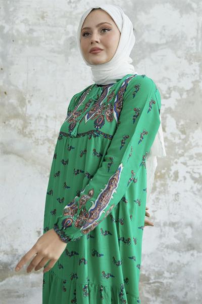 Yakası Bağlamalı Desenli Yeşil Viskon Elbise