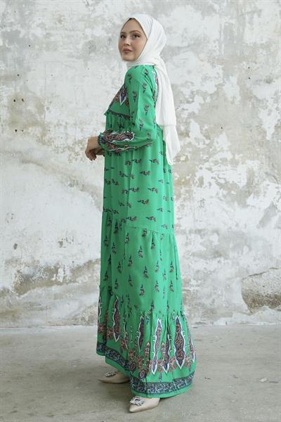 Yakası Bağlamalı Desenli Yeşil Viskon Elbise