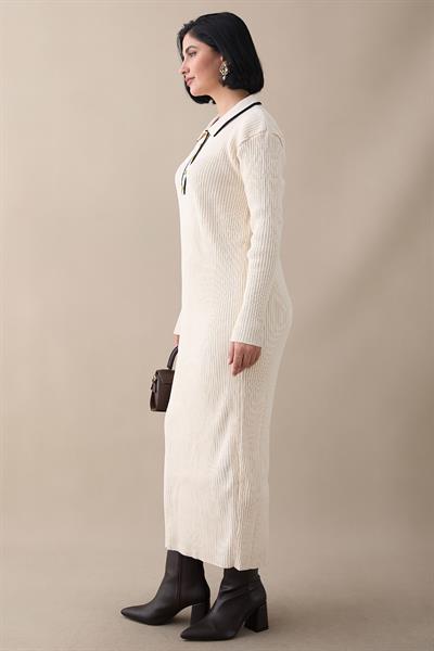 Collar Trim Cream Knit Dress