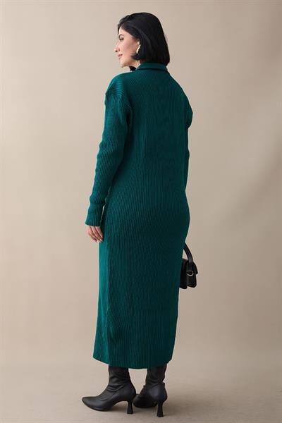 Yakası Biyeli Zümrüt Triko Elbise