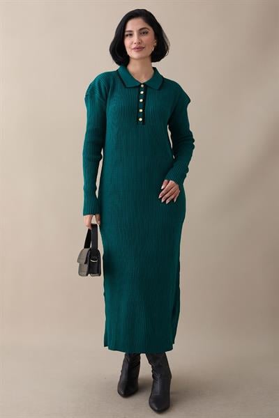 Yakası Biyeli Zümrüt Triko Elbise