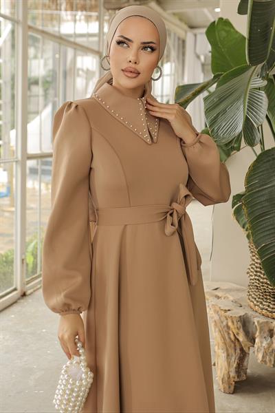 Beaded Neckline Scuba Dress - Camel