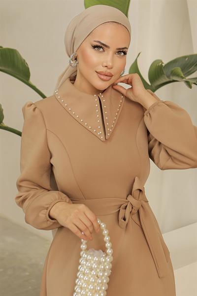 Beaded Neckline Scuba Dress - Camel