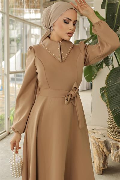 Beaded Neckline Scuba Dress - Camel