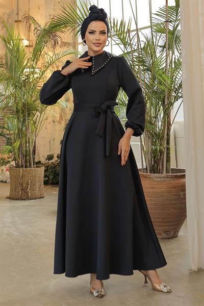 Yakası Boncuk Detay Scuba Elbise - Lacivert