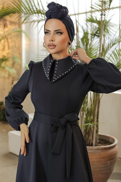 Yakası Boncuk Detay Scuba Elbise - Lacivert