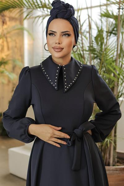 Yakası Boncuk Detay Scuba Elbise - Lacivert