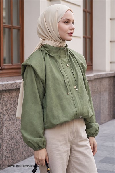 Yakası Büzgülü Haki Bomber Ceket