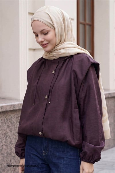 Yakası Büzgülü Mürdüm Bomber Ceket