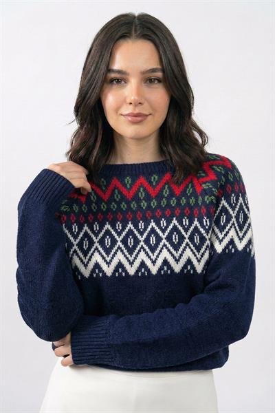 Yakası Desenli Lacivert Triko Kazak