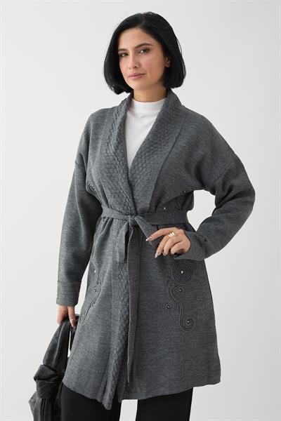 Yakası Desenli Nakışlı Antrasit Triko Ceket