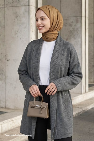Yakası Desenli Nakışlı Antrasit Triko Ceket