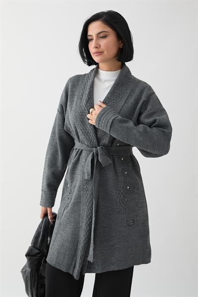 Yakası Desenli Nakışlı Antrasit Triko Ceket