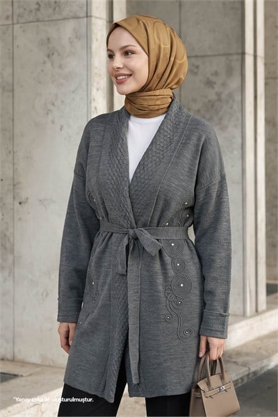Yakası Desenli Nakışlı Antrasit Triko Ceket