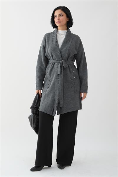 Yakası Desenli Nakışlı Antrasit Triko Ceket