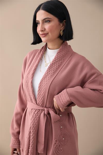 Yakası Desenli Nakışlı Gül Kurusu Triko Ceket