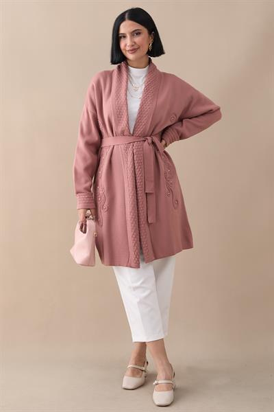 Yakası Desenli Nakışlı Gül Kurusu Triko Ceket