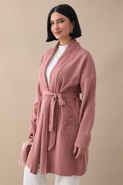 Yakası Desenli Nakışlı Gül Kurusu Triko Ceket