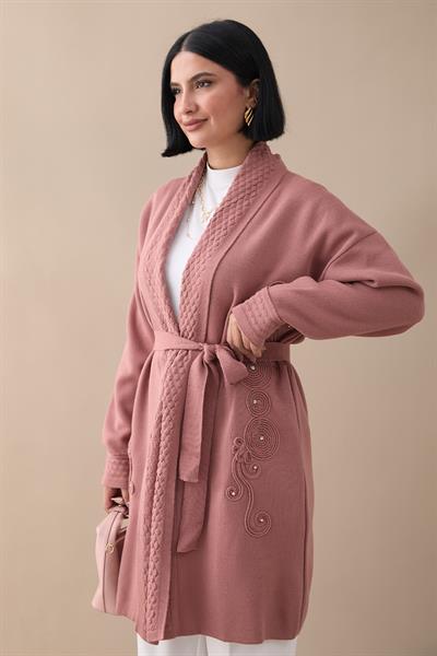 Yakası Desenli Nakışlı Gül Kurusu Triko Ceket