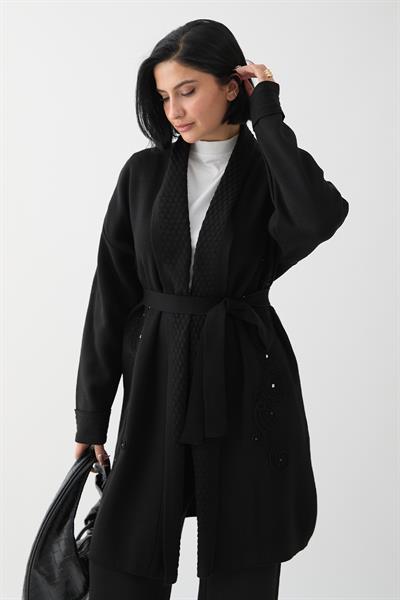 Yakası Desenli Nakışlı Siyah Triko Ceket