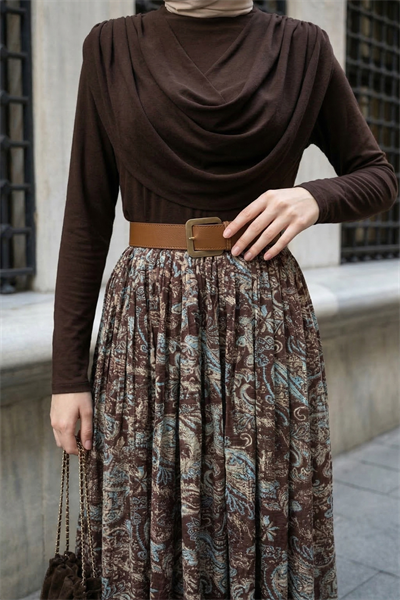 Yakası Drapeli Kemerli Sandy Acı Kahve Takım