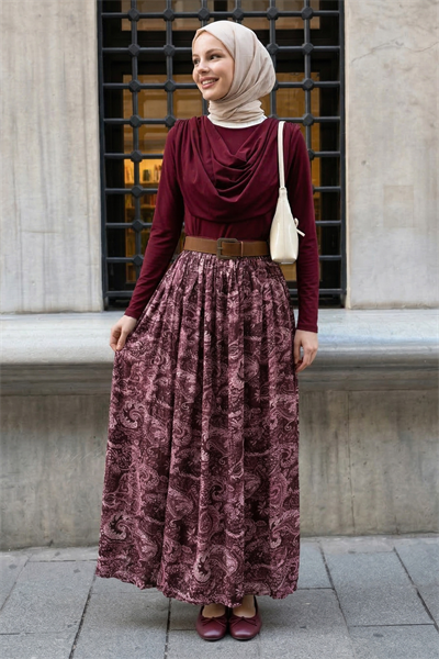 Yakası Drapeli Kemerli Sandy Bordo Takım