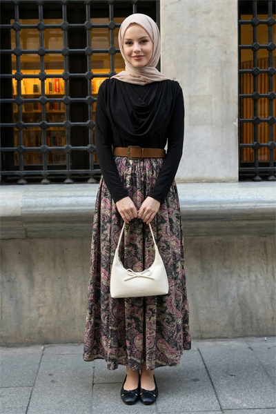 Yakası Drapeli Kemerli Sandy Siyah Takım