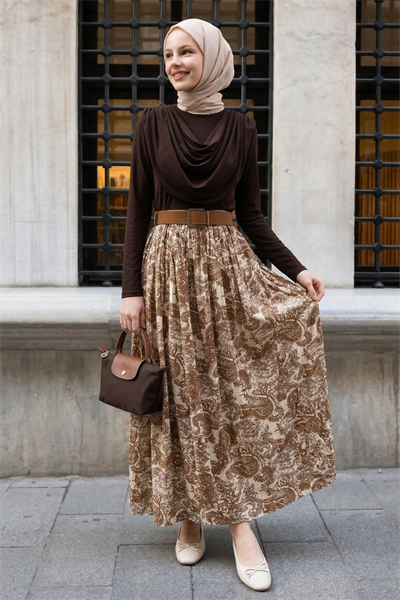 Yakası Drapeli Kemerli Sandy Sütlü Kahve Takım