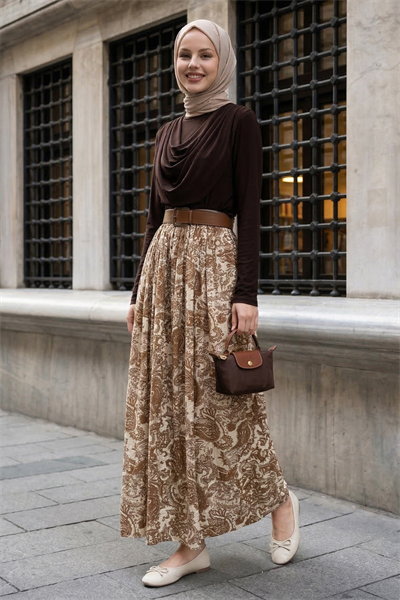 Yakası Drapeli Kemerli Sandy Sütlü Kahve Takım