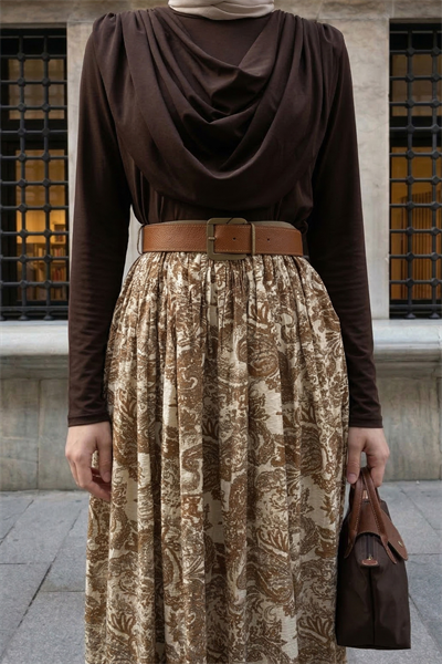 Yakası Drapeli Kemerli Sandy Sütlü Kahve Takım