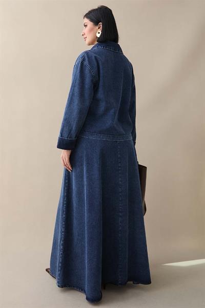 Yakası Fermuarlı Koyu Mavi Etekli Kot Takım