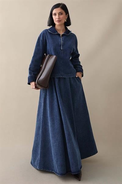 Yakası Fermuarlı Koyu Mavi Etekli Kot Takım