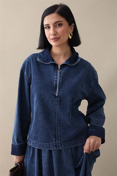 Yakası Fermuarlı Koyu Mavi Etekli Kot Takım