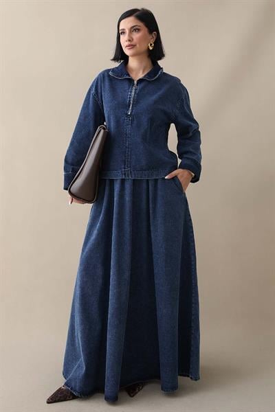 Yakası Fermuarlı Koyu Mavi Etekli Kot Takım