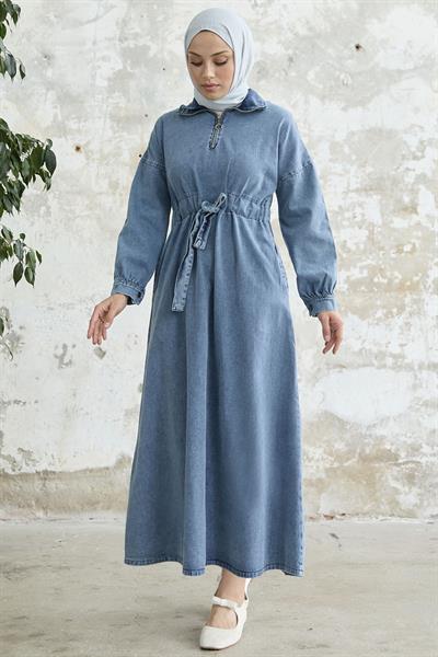Yakası Fermuarlı Mavi Kot Elbise