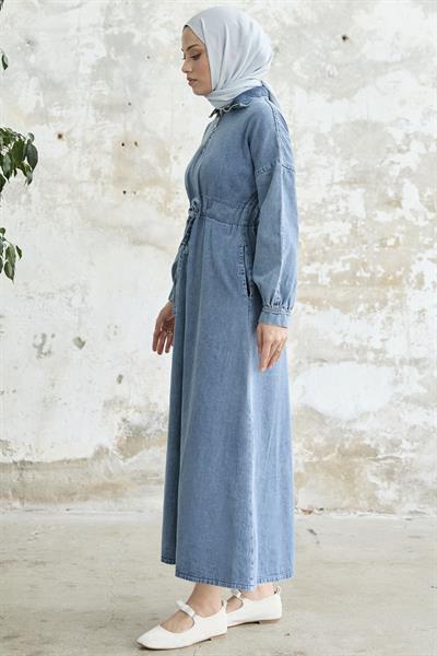 Yakası Fermuarlı Mavi Kot Elbise
