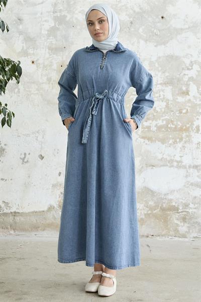Yakası Fermuarlı Mavi Kot Elbise