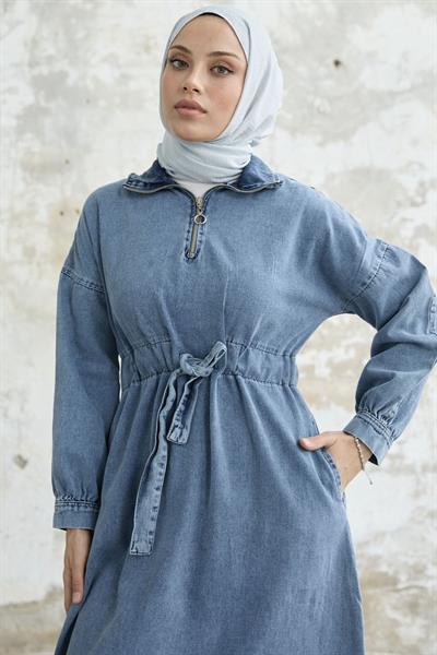 Yakası Fermuarlı Mavi Kot Elbise