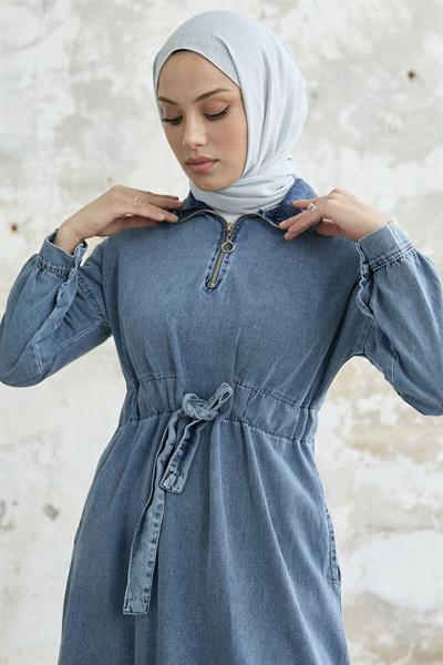 Yakası Fermuarlı Mavi Kot Elbise