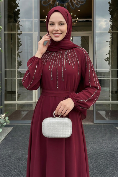 Yakası Kolları Taşlı Bordo Abiye