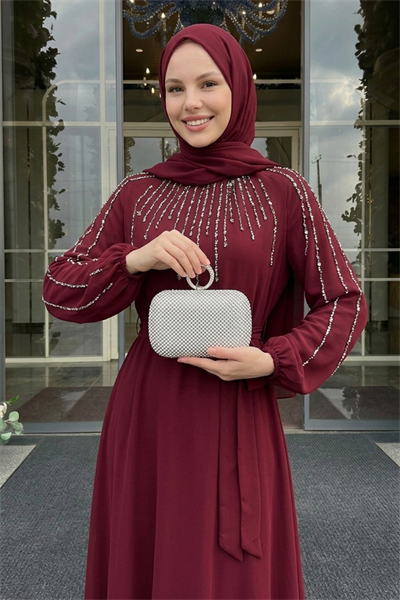 Yakası Kolları Taşlı Bordo Abiye