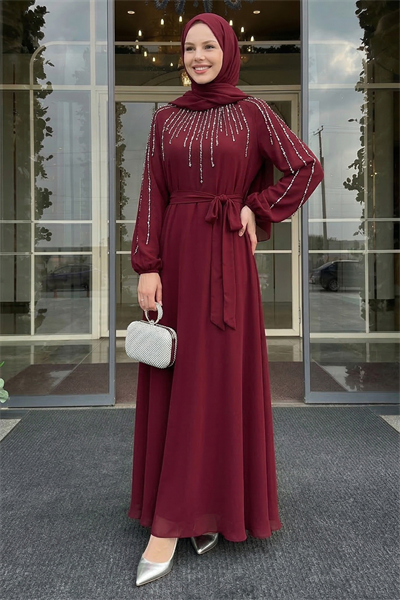 Yakası Kolları Taşlı Bordo Abiye