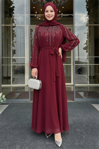 Yakası Kolları Taşlı Bordo Abiye