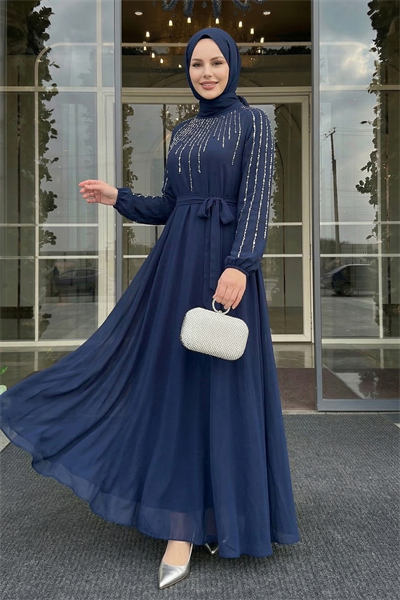 Yakası Kolları Taşlı Lacivert Abiye