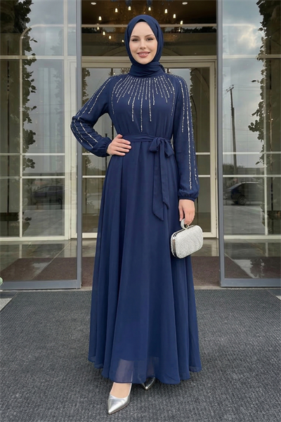 Yakası Kolları Taşlı Lacivert Abiye