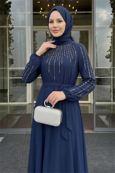 Yakası Kolları Taşlı Lacivert Abiye