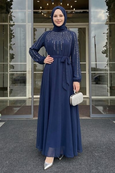 Yakası Kolları Taşlı Lacivert Abiye